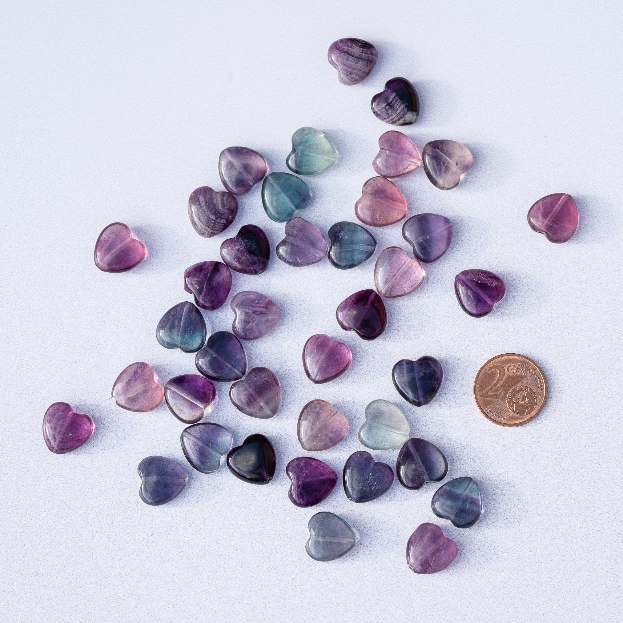 Perles coeur lisses de Fluorite multicolore de env 12,5 mm ( lot de 4 )