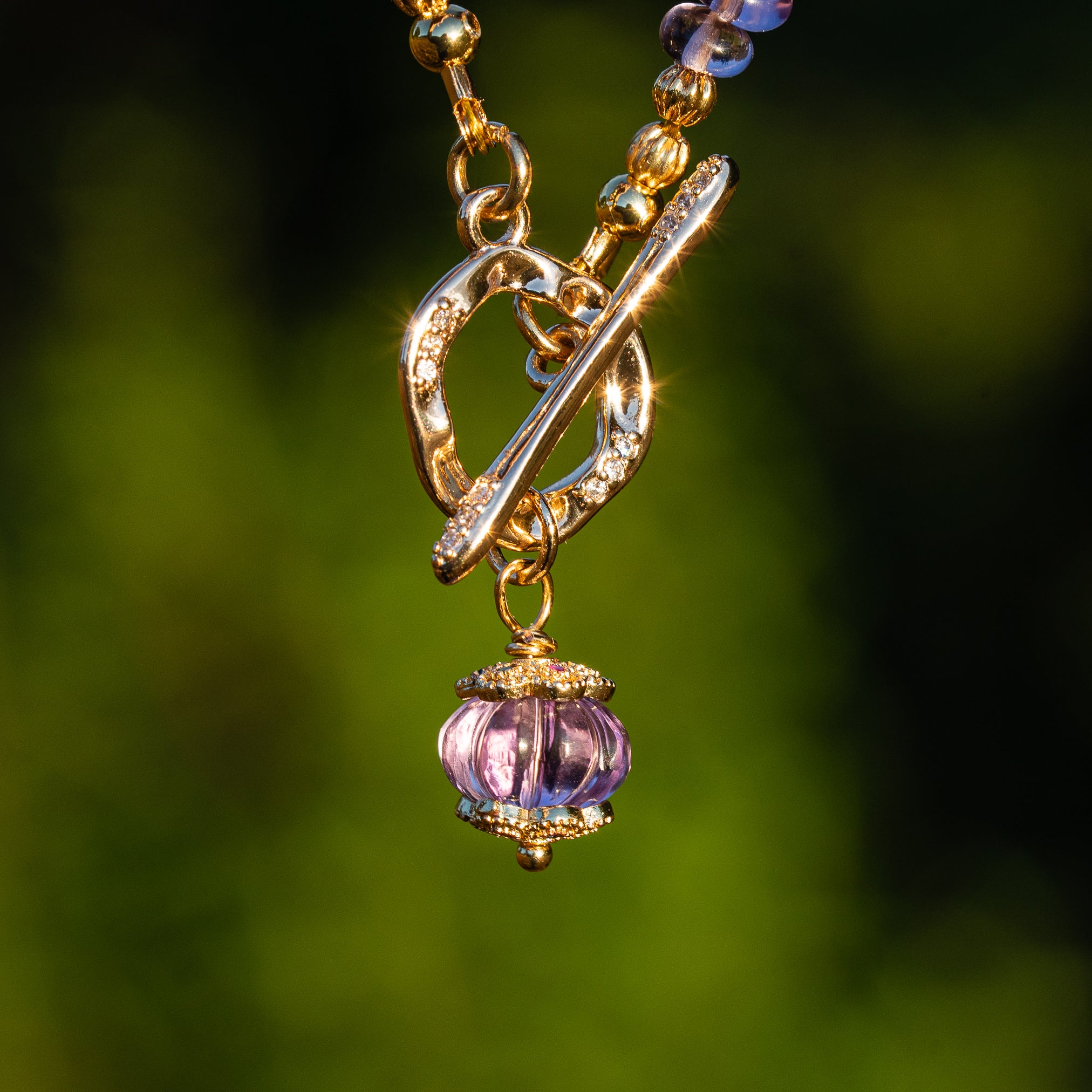 Collier lumineux en Citrine naturelle et Améthyste et laiton plaqué or 18k de 50 cm