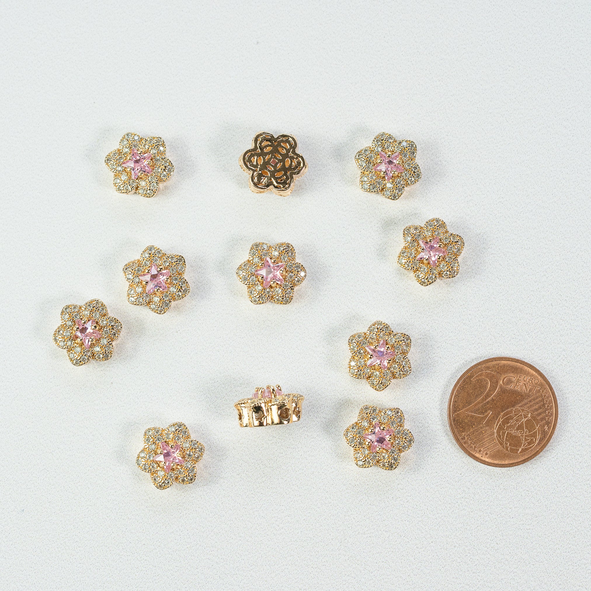 Perles " bijoux " fleur en laiton plaqué or 14k et zirconium rose de 11,5 mm ( à l&