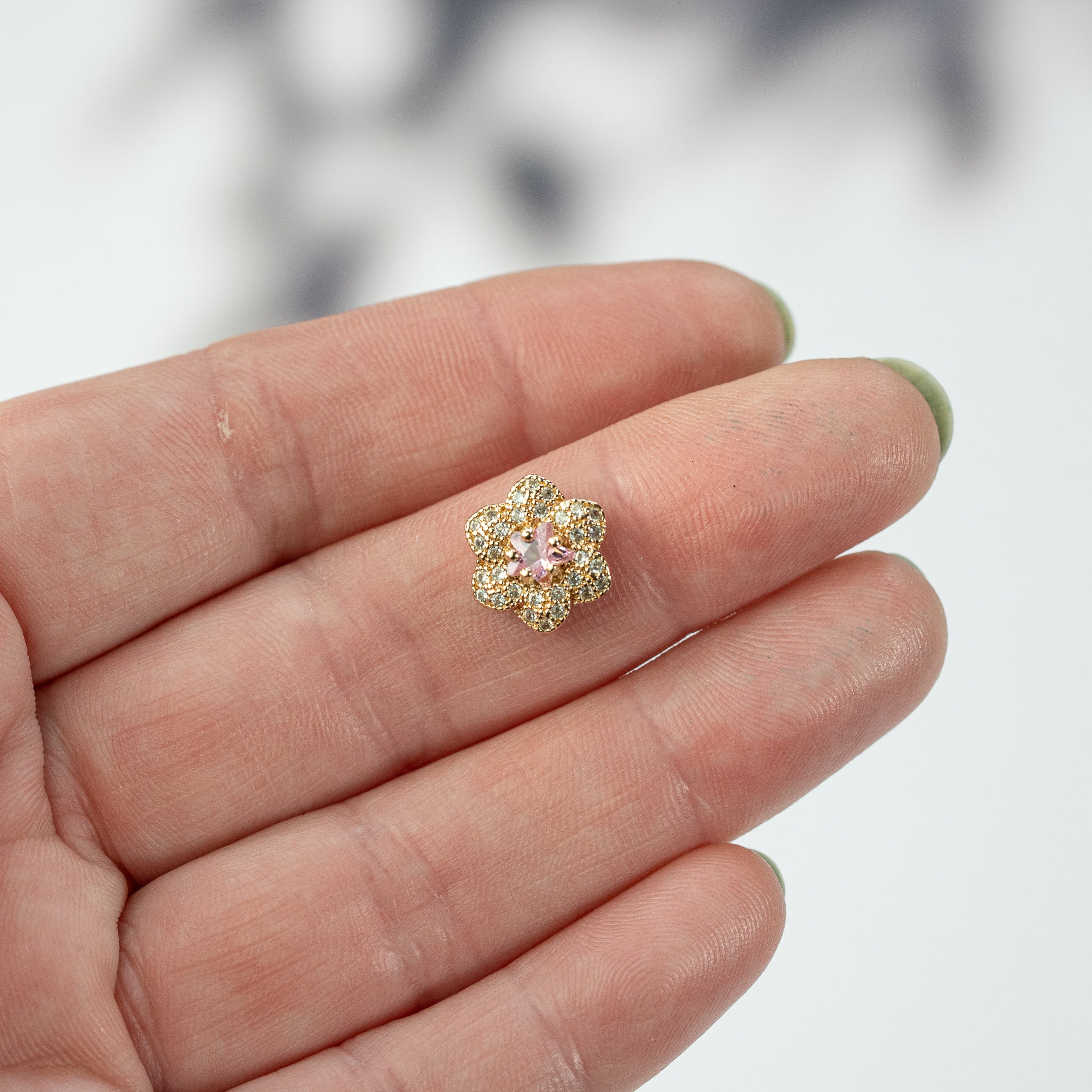 Perles " bijoux " fleur en laiton plaqué or 14k et zirconium rose de 11,5 mm ( à l&