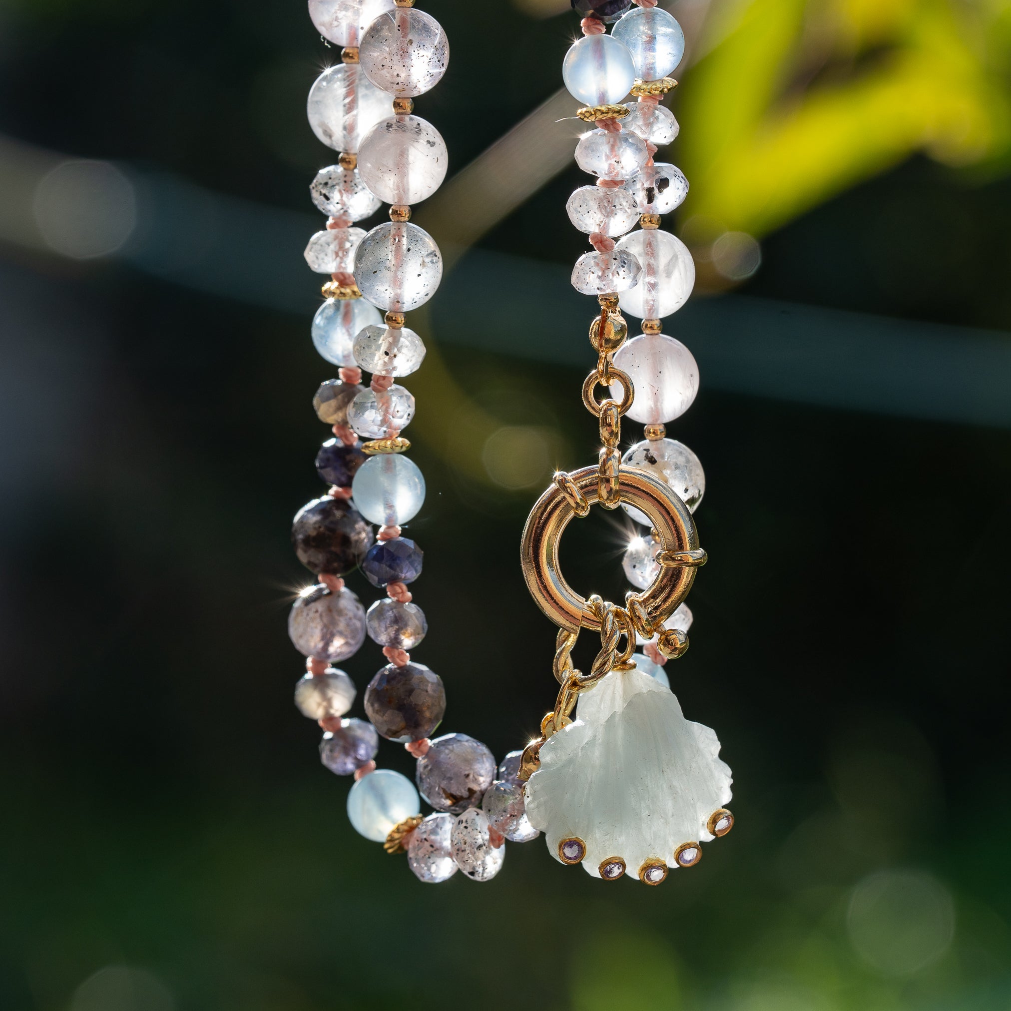 Collier noué " pur " en Iolite, Aigue-marine et Quartz rose à Diopside ✨