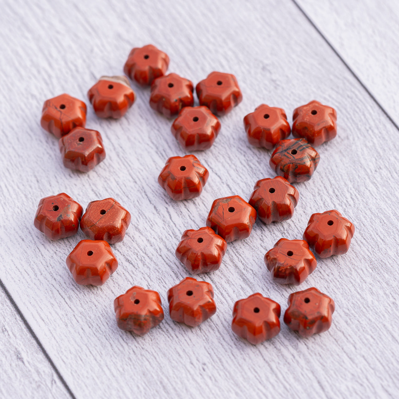 Perles rondelles sculptées " citrouilles " en Jaspe rouge de env 12 x 8 mm ( à l&