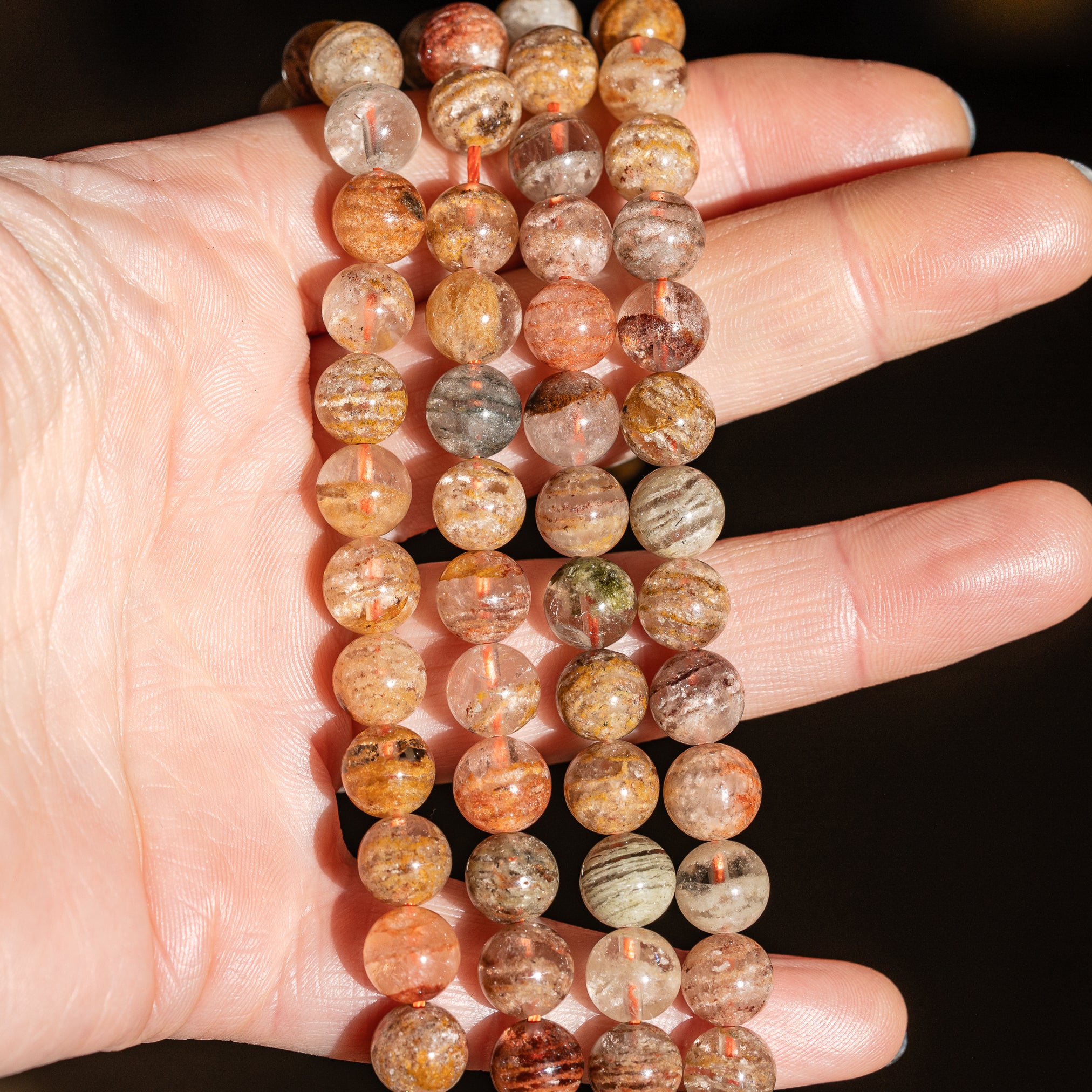 Perles rondes lisses de Quartz Lodolite ou jardin ♡ de 8/8,8 mm ( par 1/2 rang )