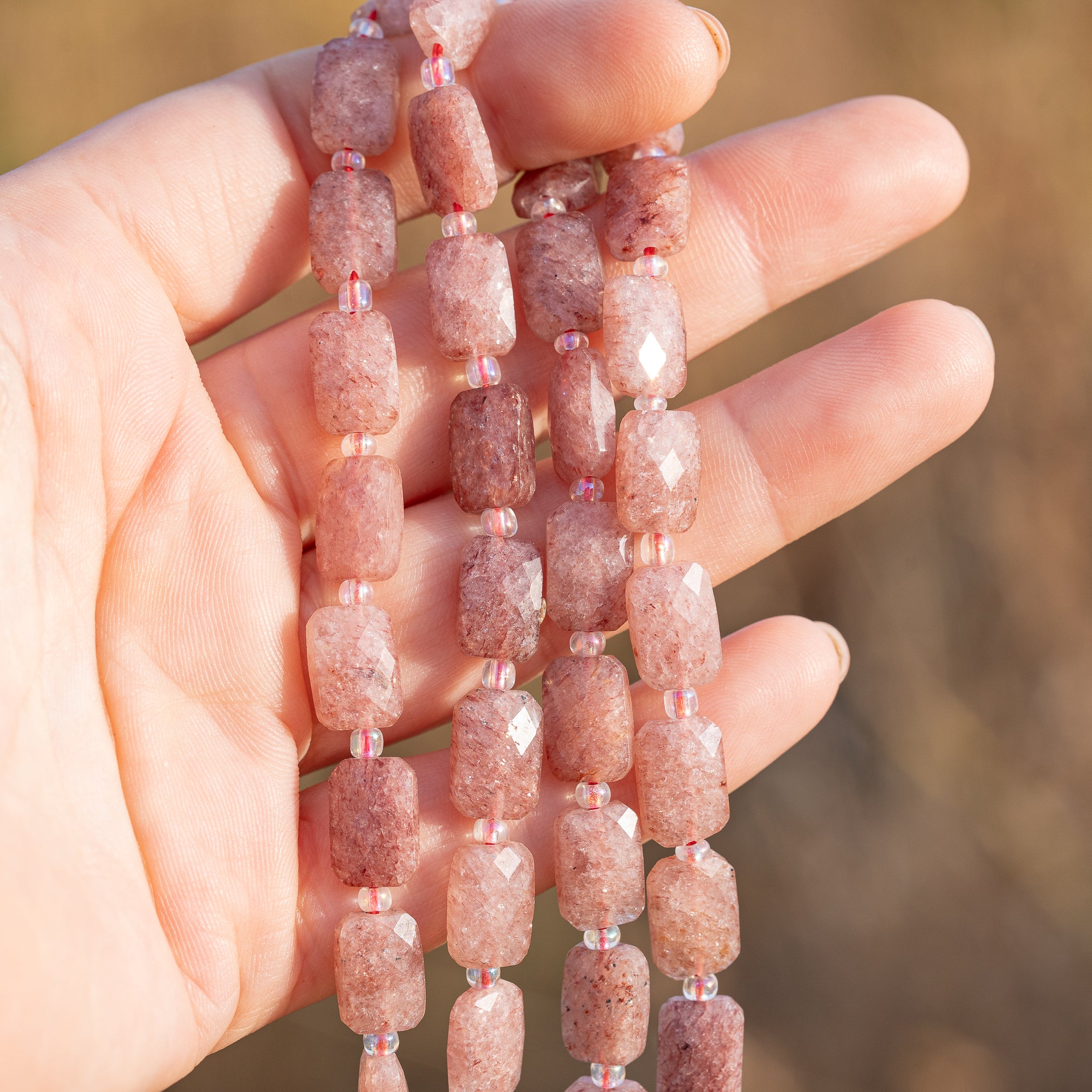 Perles rectangles facettes de Quartz fraise de env 11,5 mm ( lot de 2 perles )