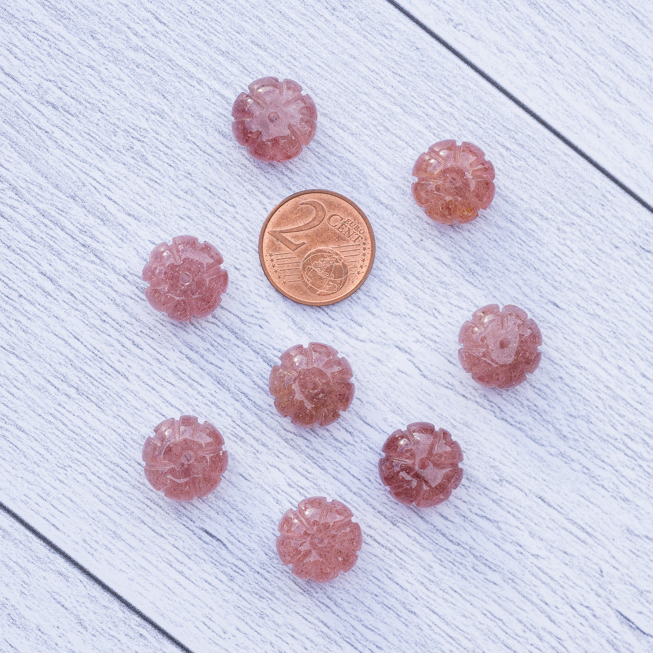 Perles rondelles sculptées " citrouilles " en Quartz fraise de env 12 x 8 mm ( à l&