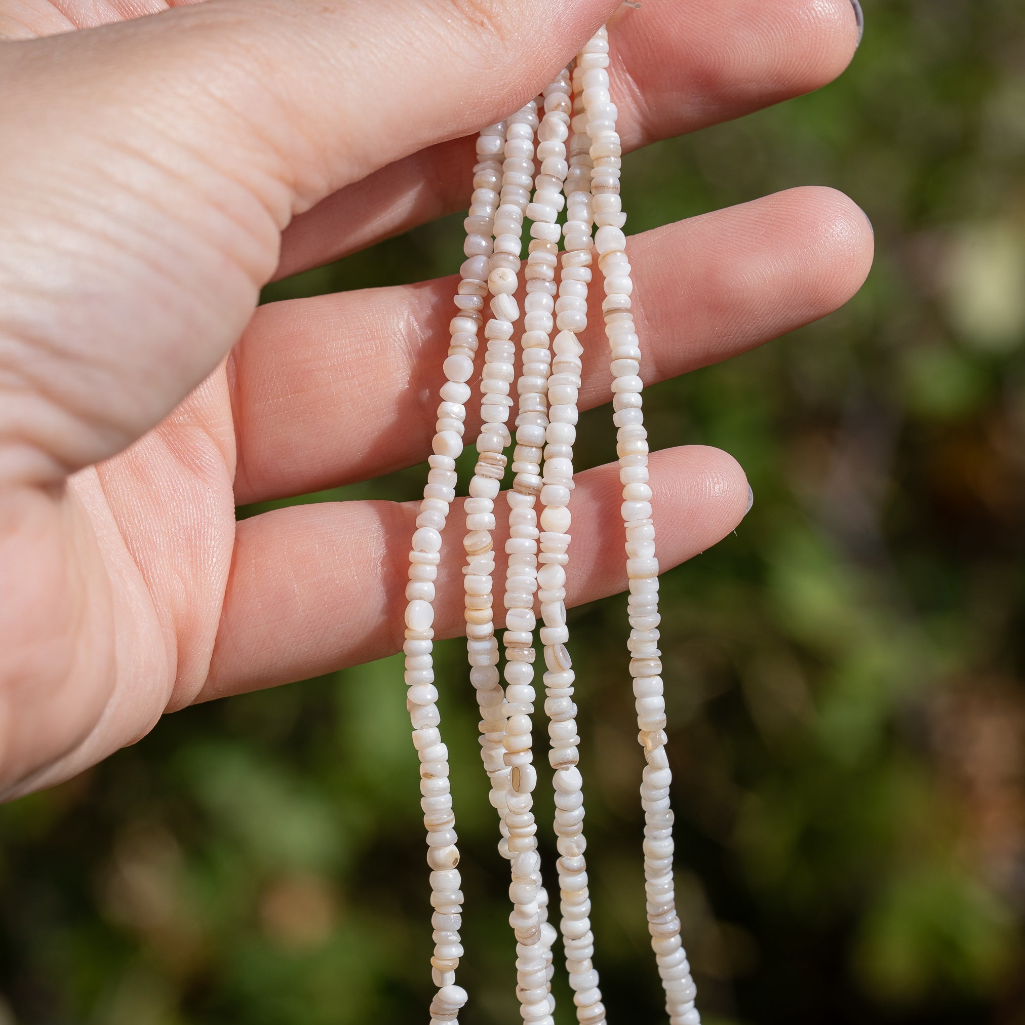 Perles rondelles lisses de nacre blanc/beige de env 3 x 1/2,5 mm ( rang de env 38,5 cm et 230 perles )