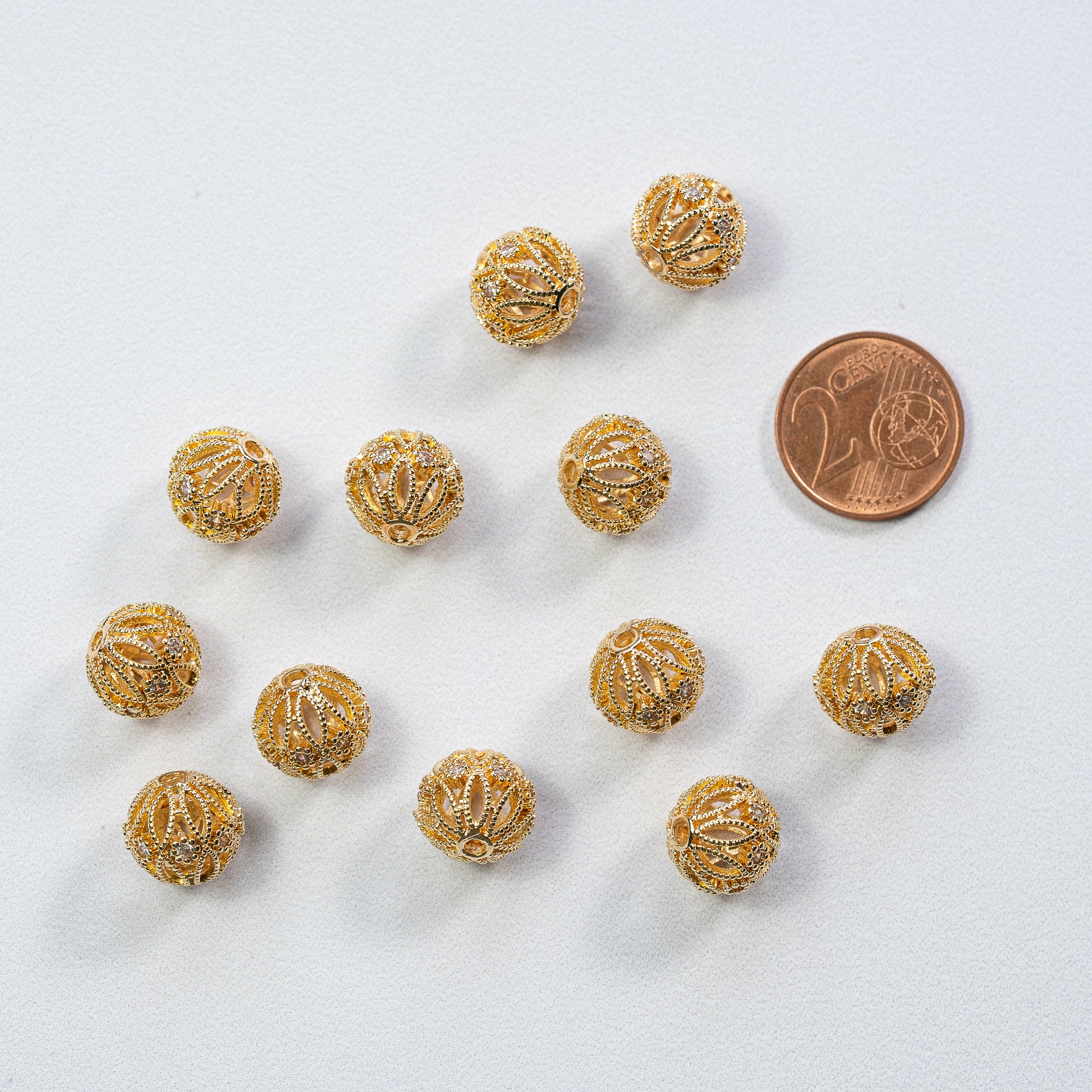 Perles rondes filigranées en laiton plaqué or 14k et zirconium de 11,5 mm ( à l&