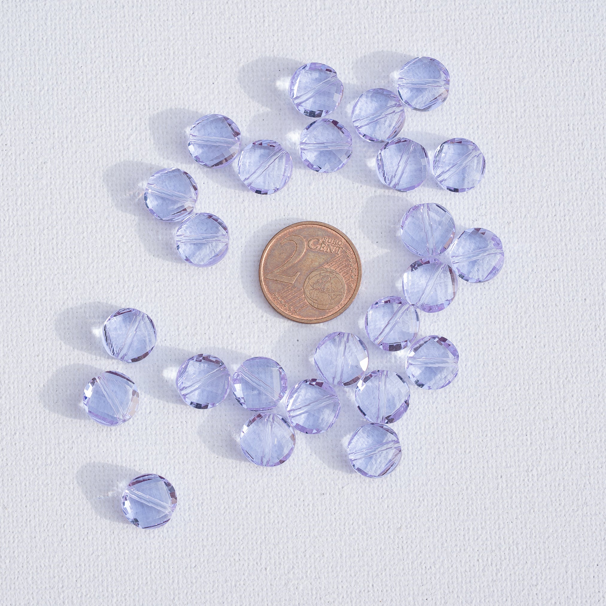 Perles rondes plates facettes en verre K9 lilas de 9,5 x 4,5 mm ( à l&
