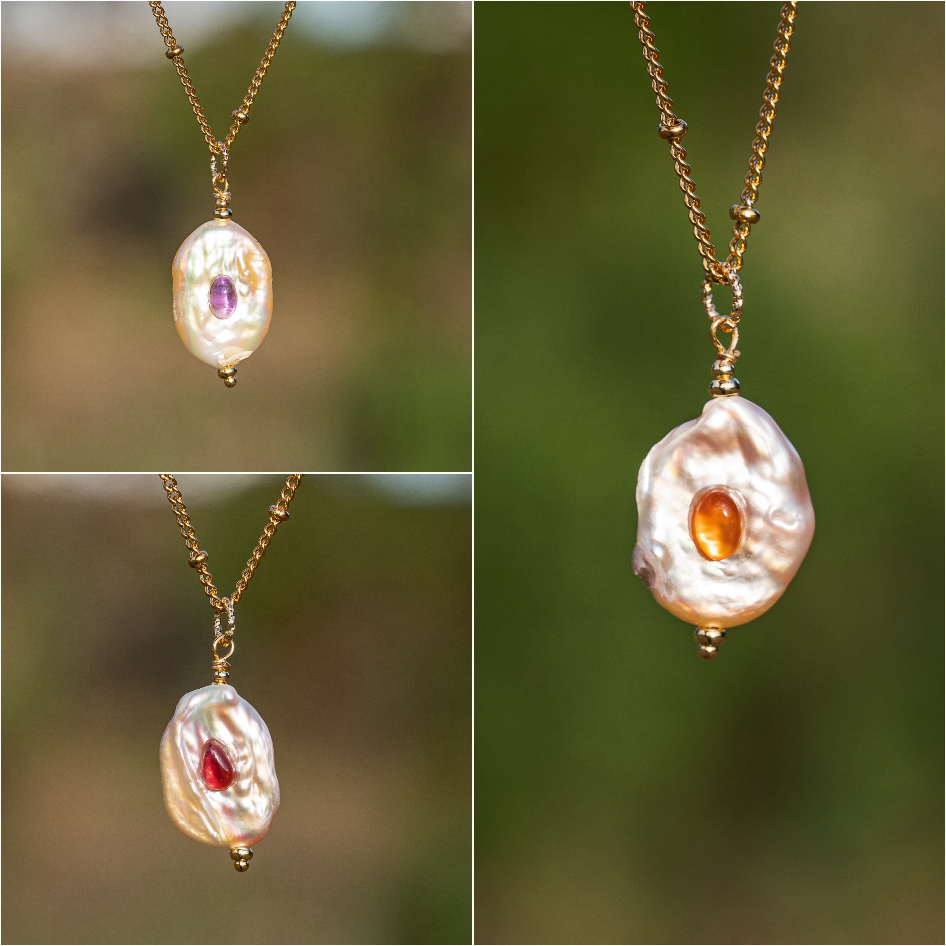 Pendentifs en perles ovales Keshi, cabochons pierres au choix et laiton plaqué or de env 30 mm ( à l&