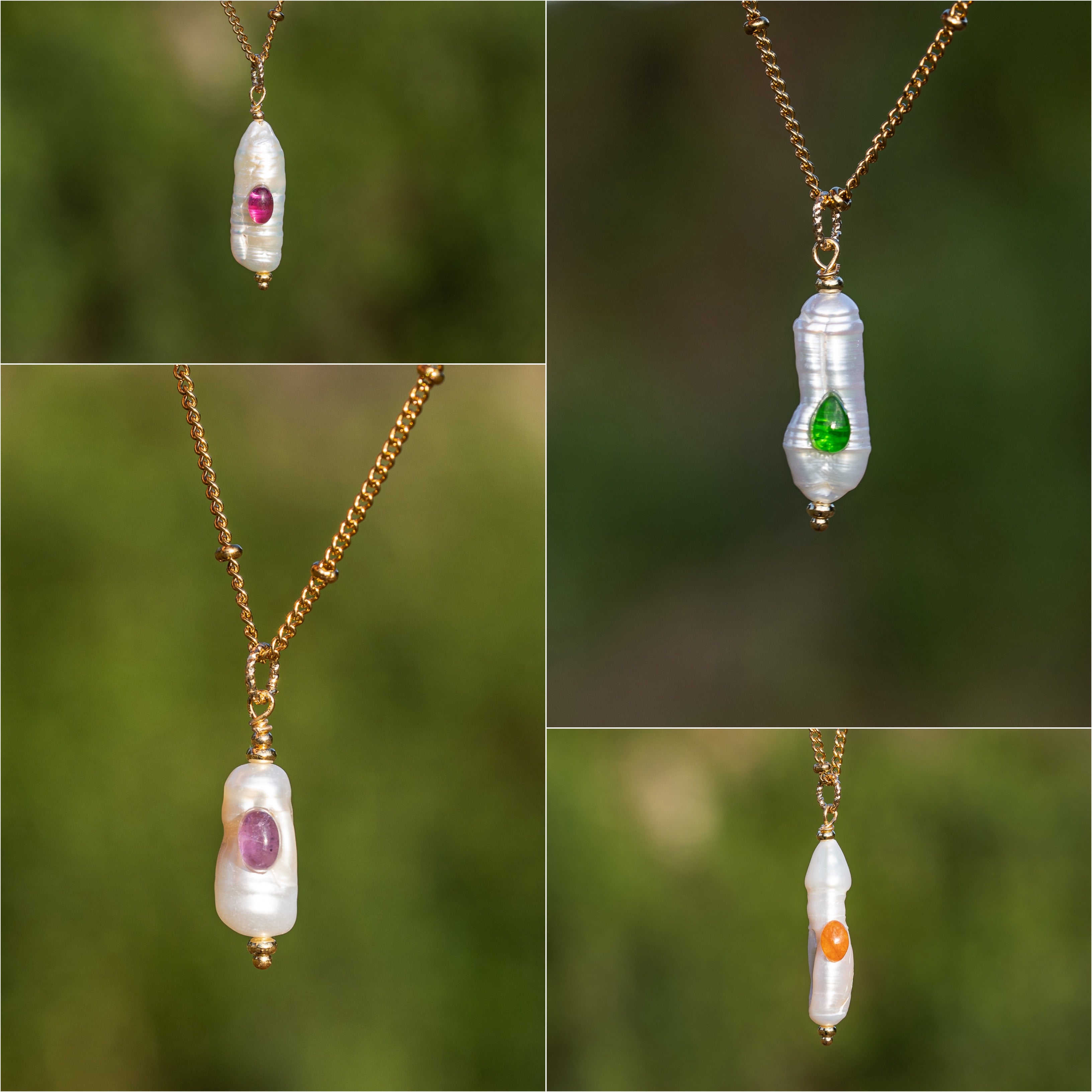 Pendentifs en perles allongées Keshi, cabochons pierres au choix et laiton plaqué or de env 30/40 mm ( à l&