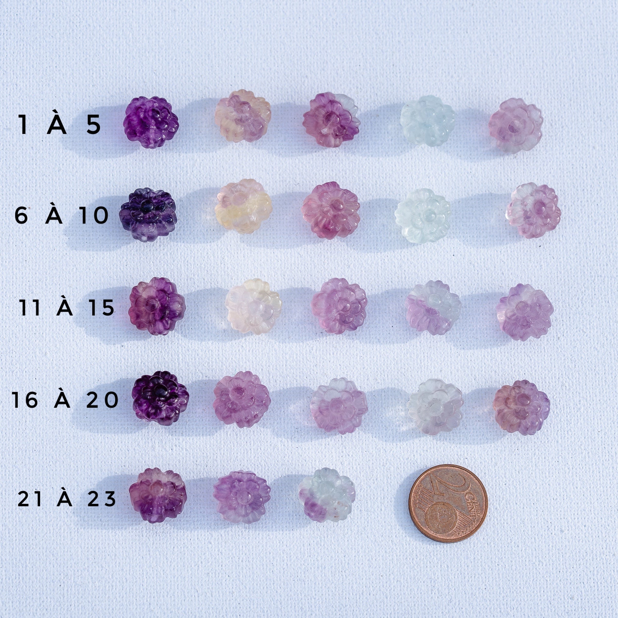 Perles sculptées fleur en Fluorite multicolore au choix de env 13/14 mm ( à l&