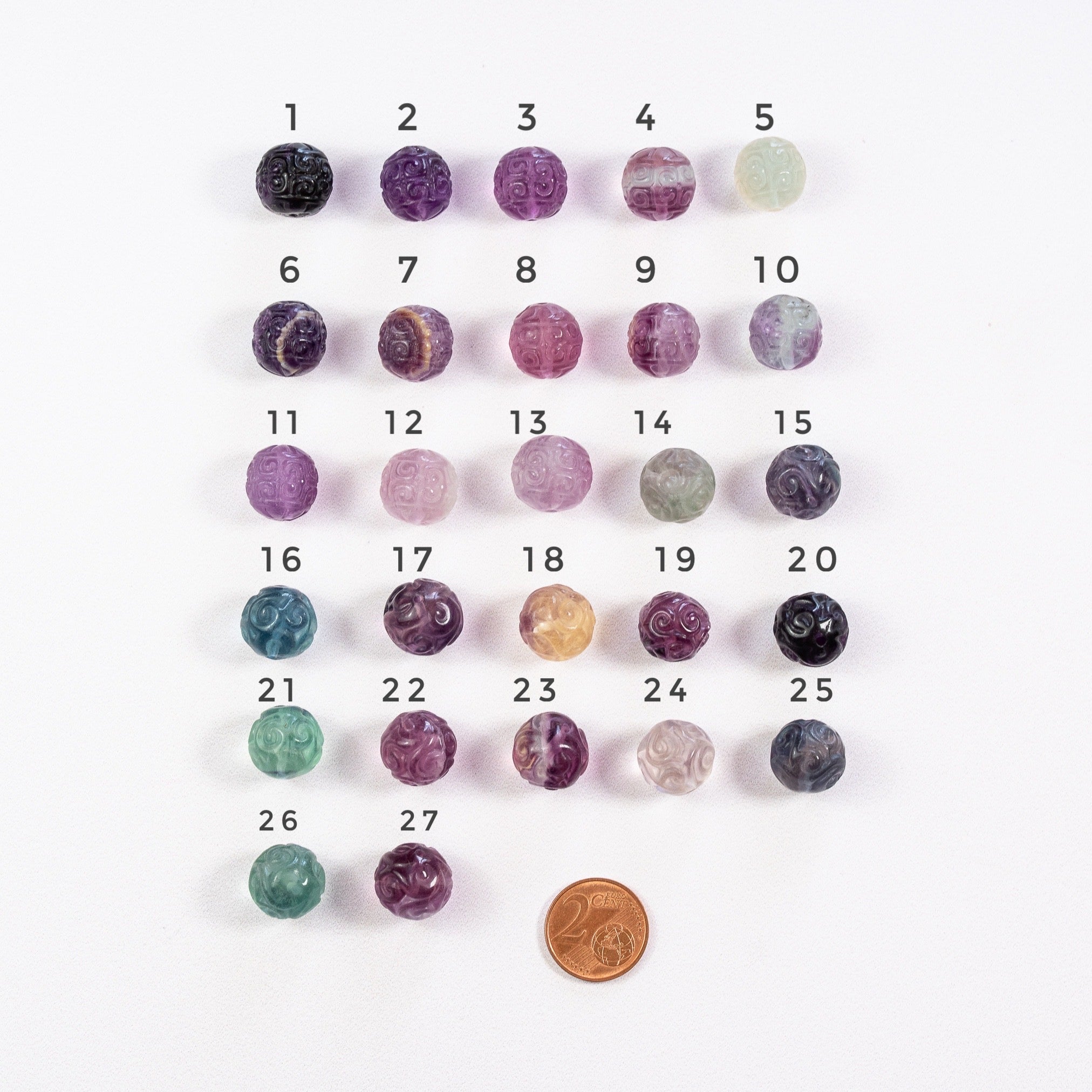 Perles rondes sculptées en Fluorite multicolore de 13 mm ( à l&
