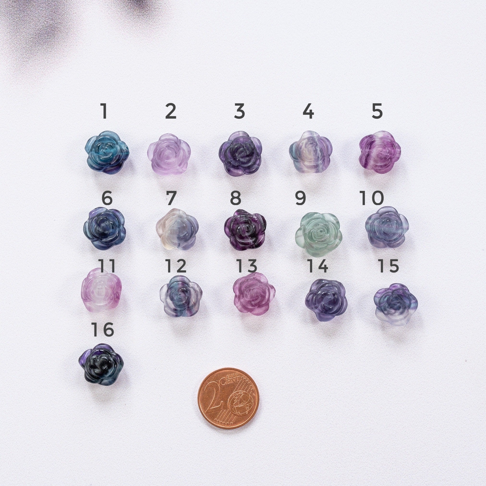 Perles sculptées fleur/rose en Fluorite multicolore au choix de env 12/13 mm ( à l&