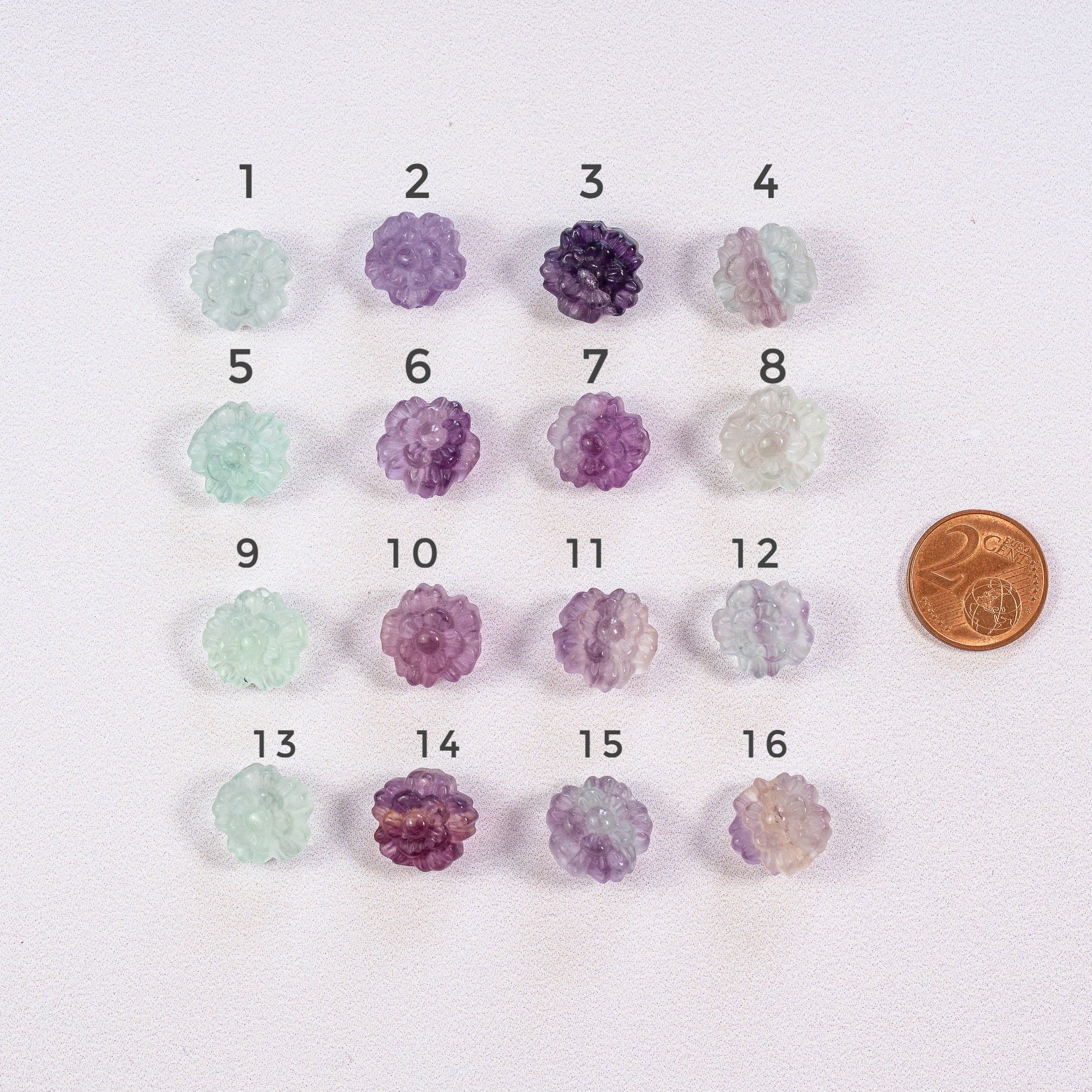 Perles sculptées fleur en Fluorite multicolore au choix de env 13/14 mm ( à l&