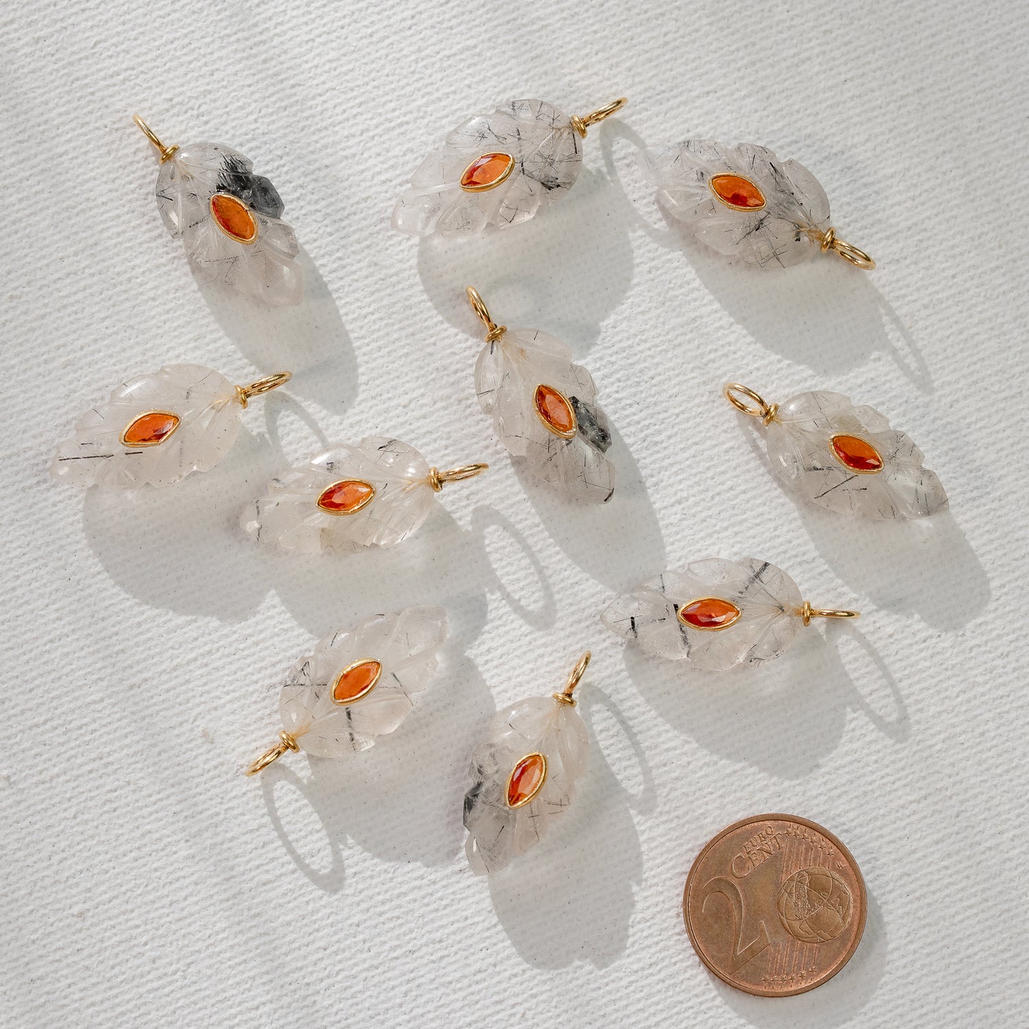 Les feuilles &quot; Nidhih &quot; en Quartz Tourmaliné, zirconium et argent 925 plaqué or de env 26 mm ( à l&