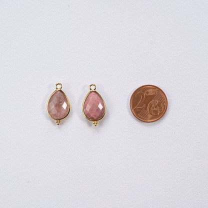 Breloques gouttes facettes en Quartz fraise et laiton doré à l&