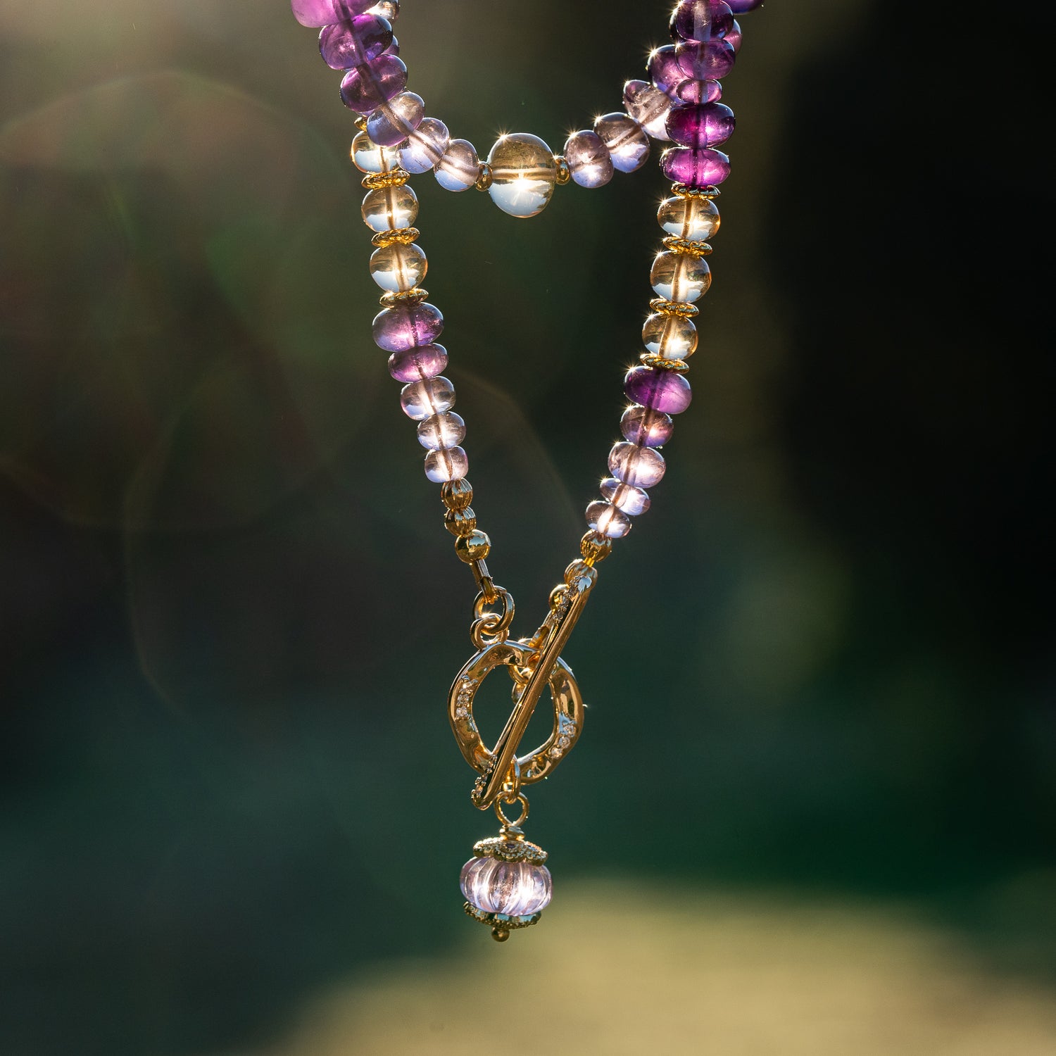 Collier lumineux en Citrine naturelle et Améthyste et laiton plaqué or 18k de 50 cm