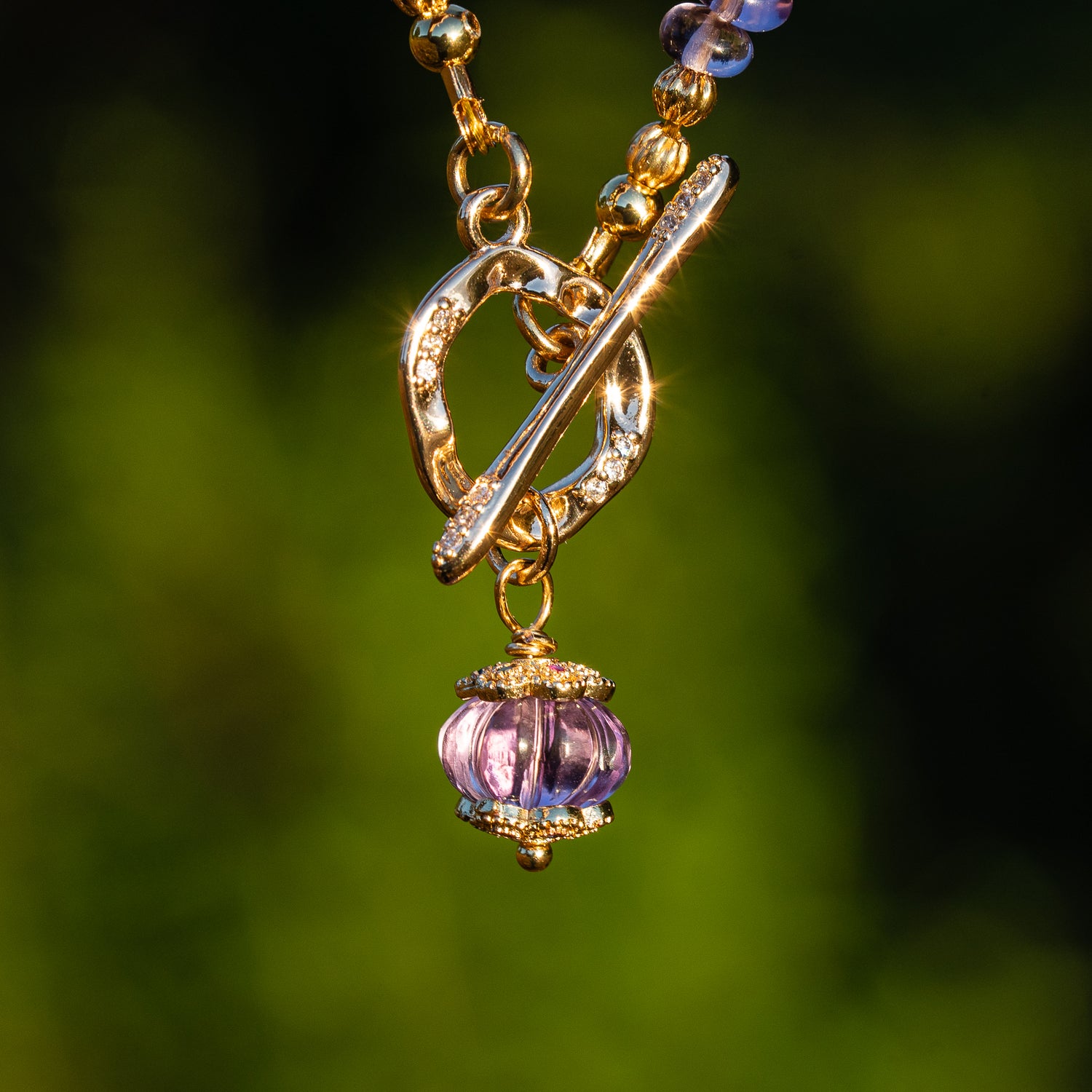 Collier lumineux en Citrine naturelle et Améthyste et laiton plaqué or 18k de 50 cm