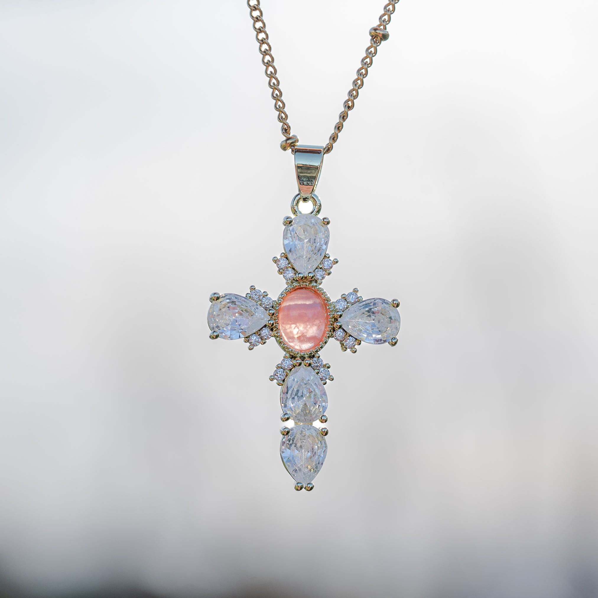 Breloques croix en Rhodochrosite, laiton plaqué or 18k et zirconium de 39 mm ( à l&