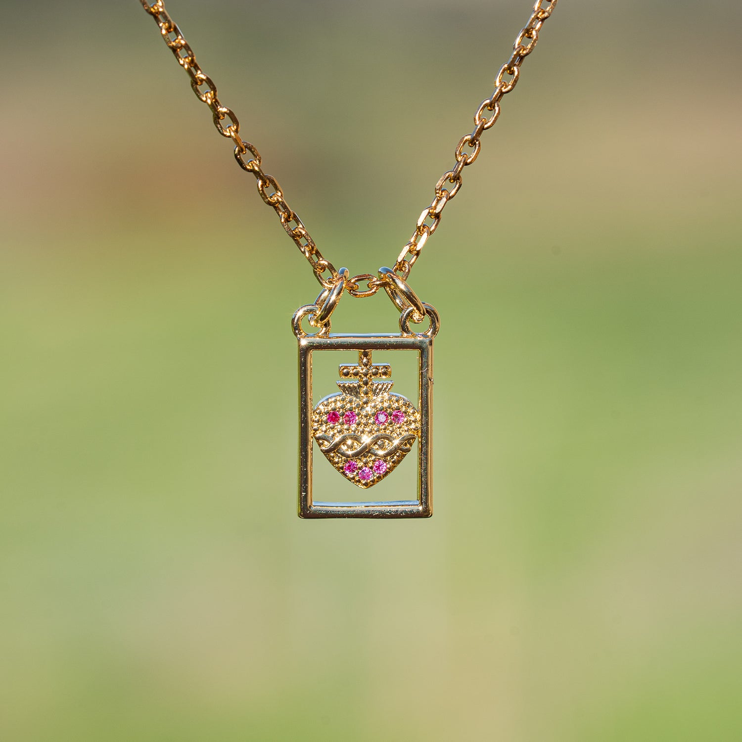 Breloques rectangle ♡ et croix en laiton plaqué or 18k et zirconium rose de 17 mm ( à l&