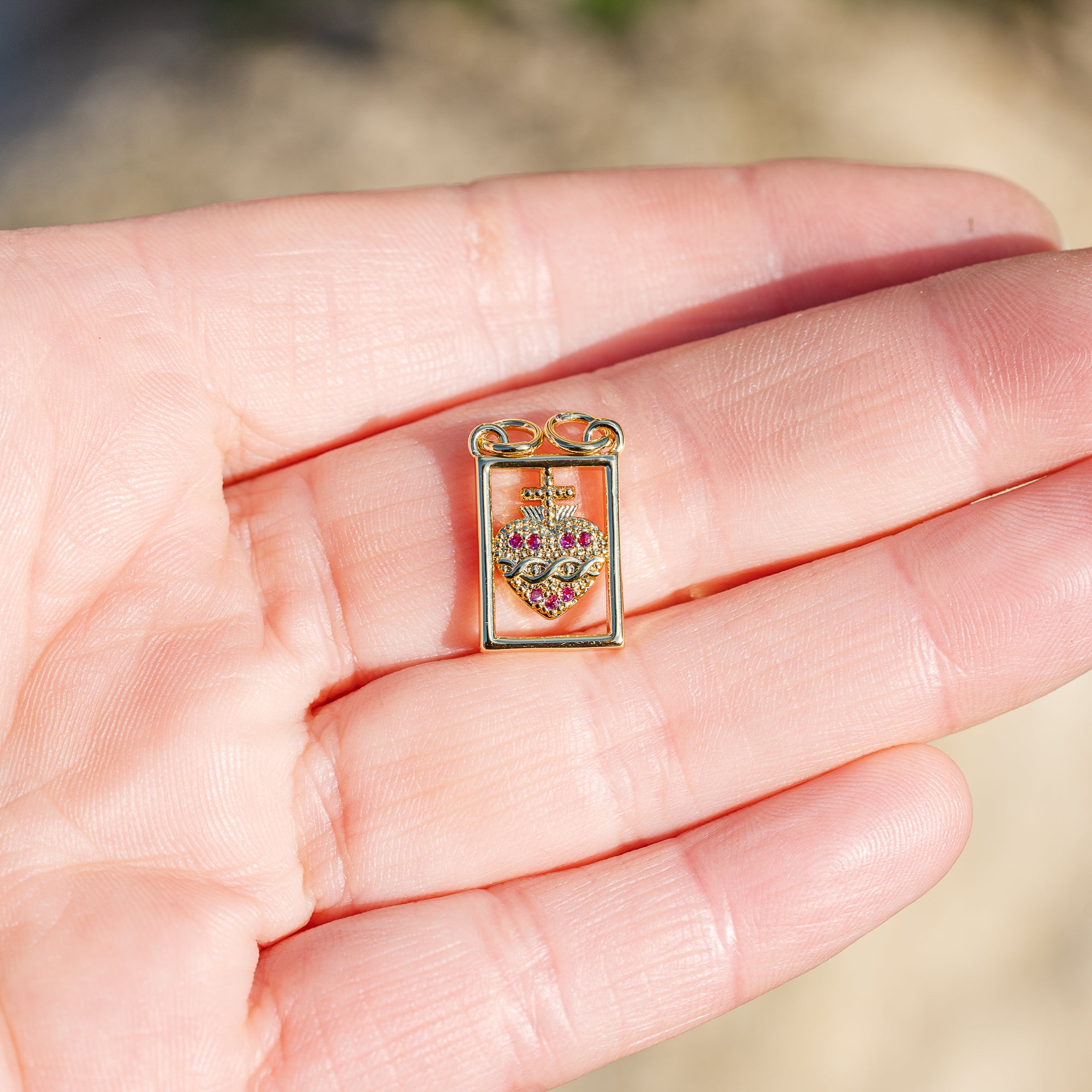 Breloques rectangle ♡ et croix en laiton plaqué or 18k et zirconium rose de 17 mm ( à l&