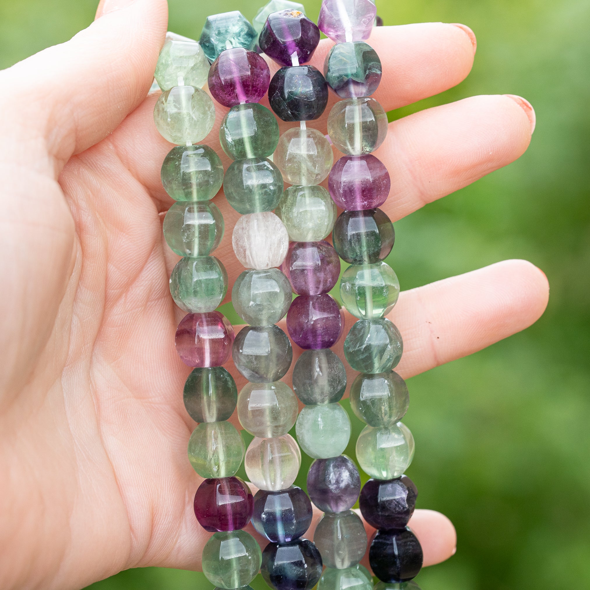 Perles lanternes lisses de Fluorite multicolore de 10 mm ( lot de 6 perles )