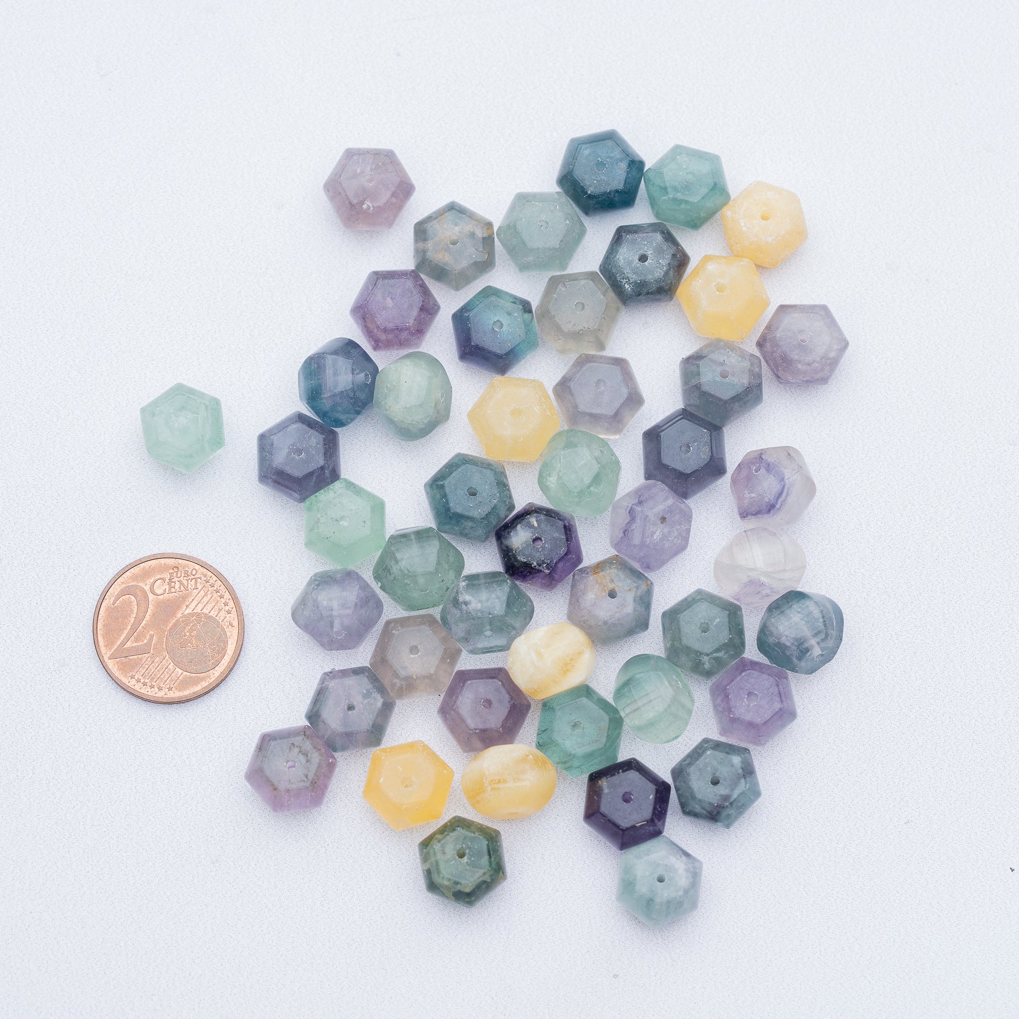 Perles lanternes lisses de Fluorite multicolore de 10 x 7/8 mm ( lot de 6 perles )