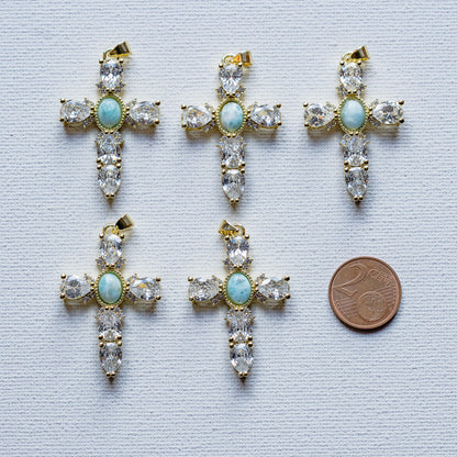 Breloques croix en Larimar, laiton plaqué or 18k et zirconium de 39 mm ( à l&