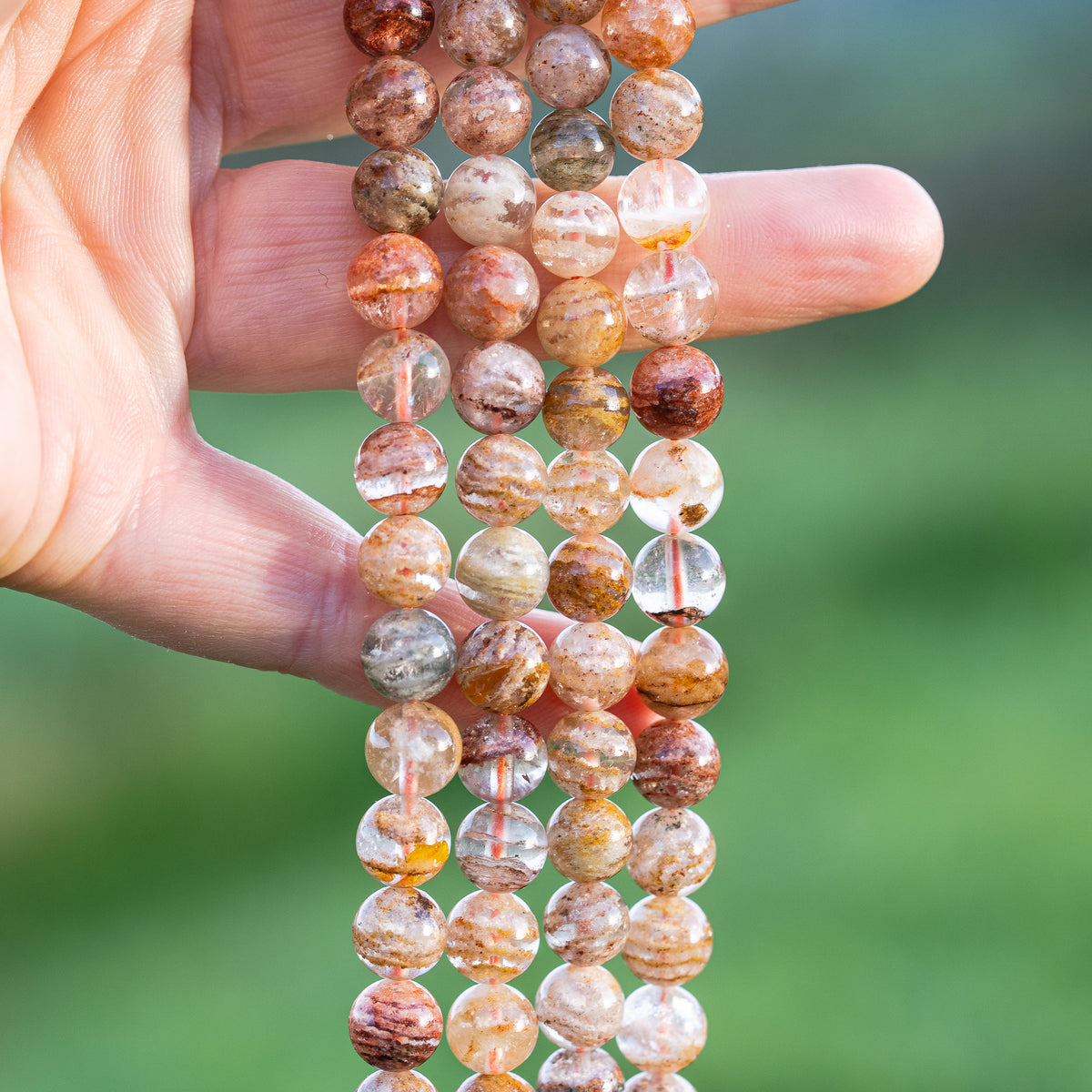 Perles rondes lisses de Quartz Lodolite ou jardin ♡ de 8/8,8 mm ( par 1/2 rang )