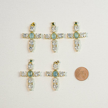 Breloques croix en Aigue-marine, laiton plaqué or 18k et zirconium de 39 mm ( à l&