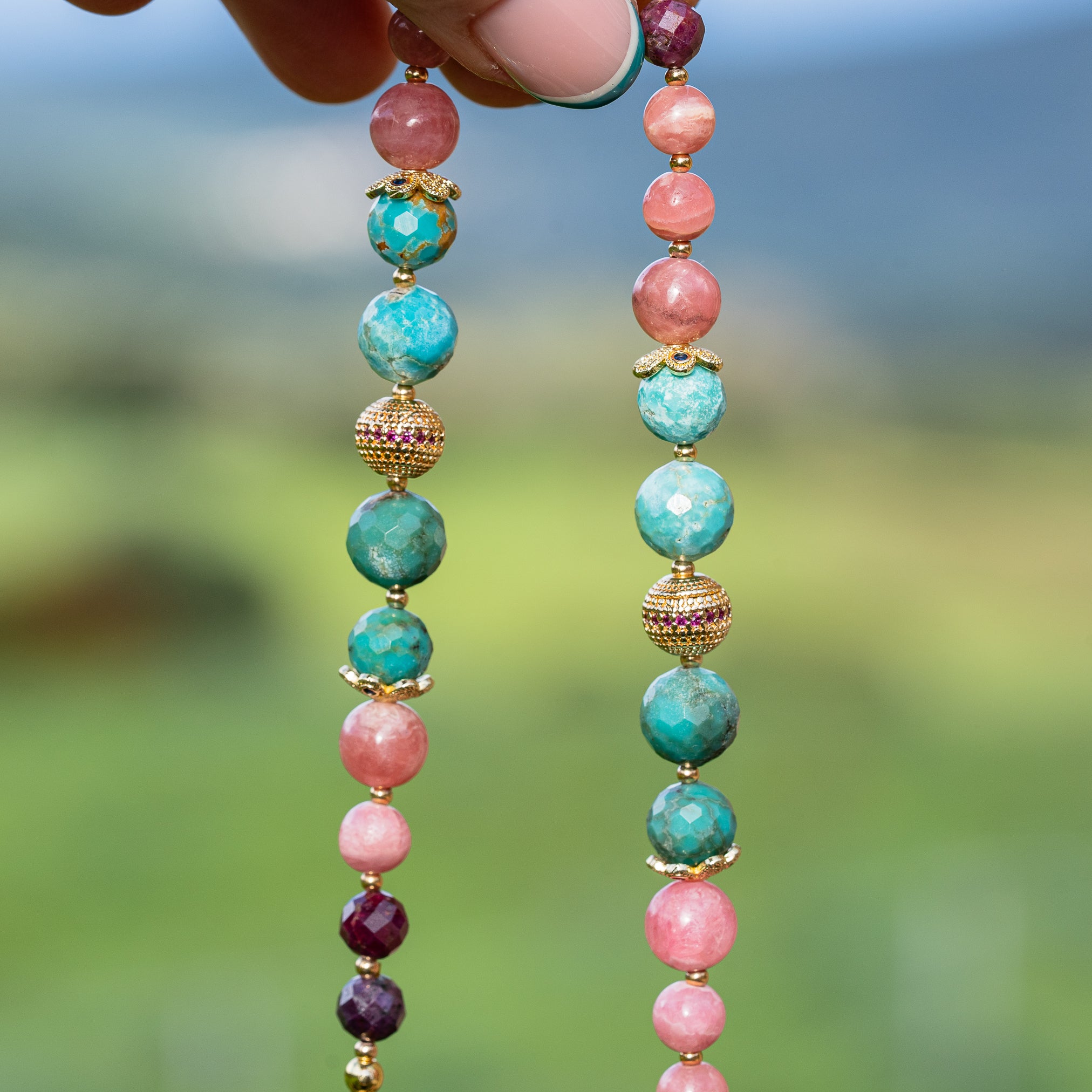Collier " éclosion " en Turquoise naturelle, Rhodochrosite et Rubis violet 🫶
