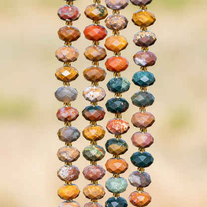 Perles rondelles facettes de Jaspe océan de 10 x 6,5 mm ( 1/2 rang de env 21/22 perles )
