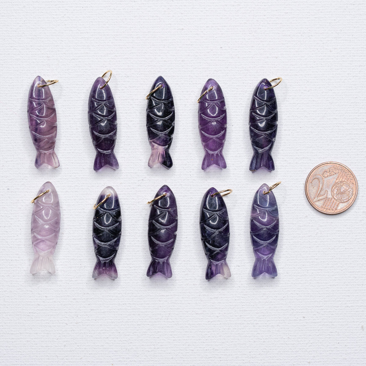 Pendentif poissons en Fluorite violette avec anneau en inox de 34 mm ( à l&