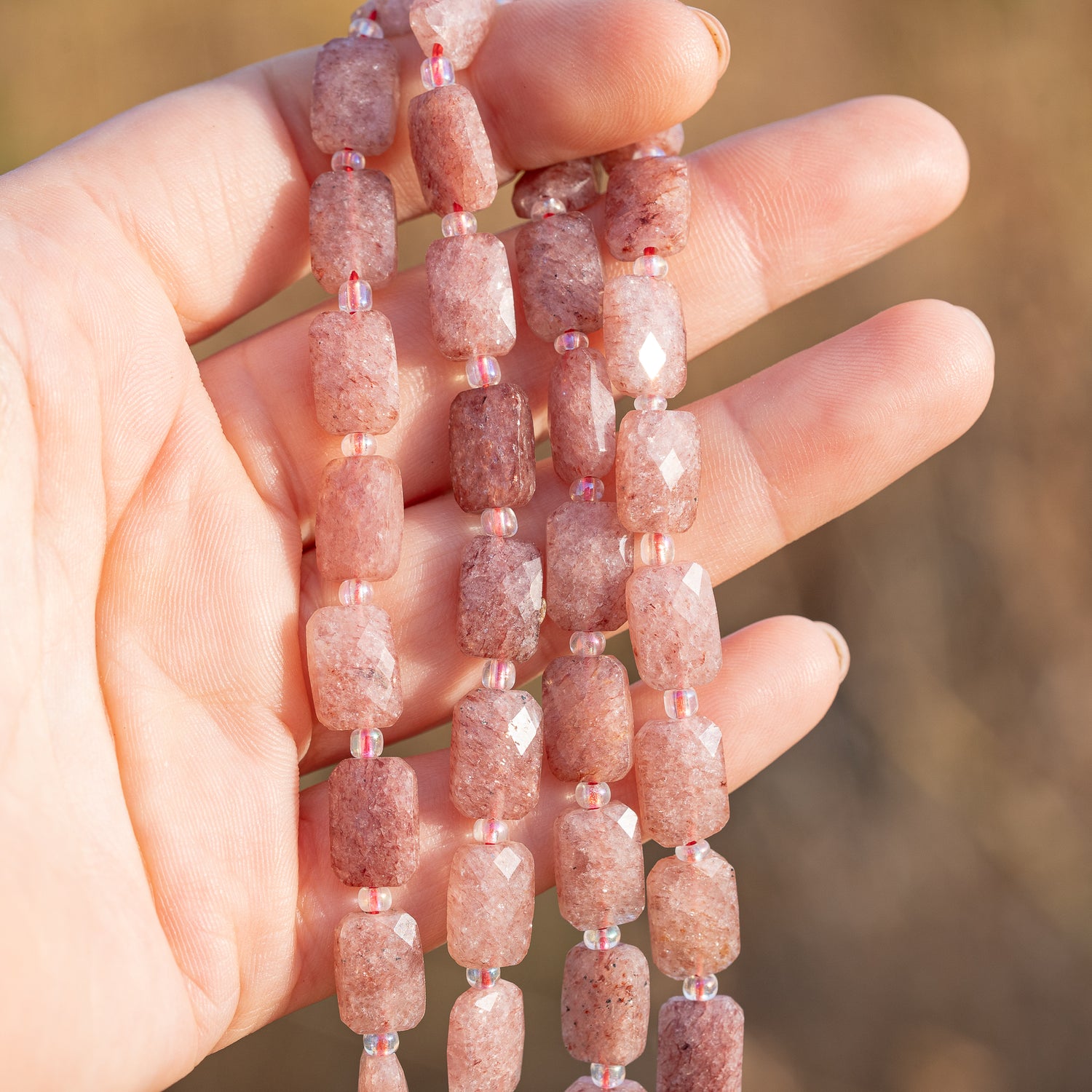Perles rectangles facettes de Quartz fraise de env 11,5 mm ( lot de 2 perles )