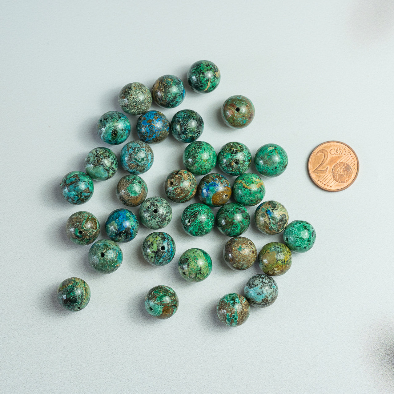 Perles rondes lisses de Chrysocolle de 12 mm ( lot de 2 perles )