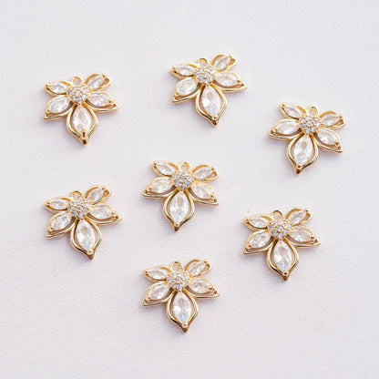 Breloques feuilles/fleurs en laiton plaqué or 14k et zirconium de 16,5 mm ( à l&