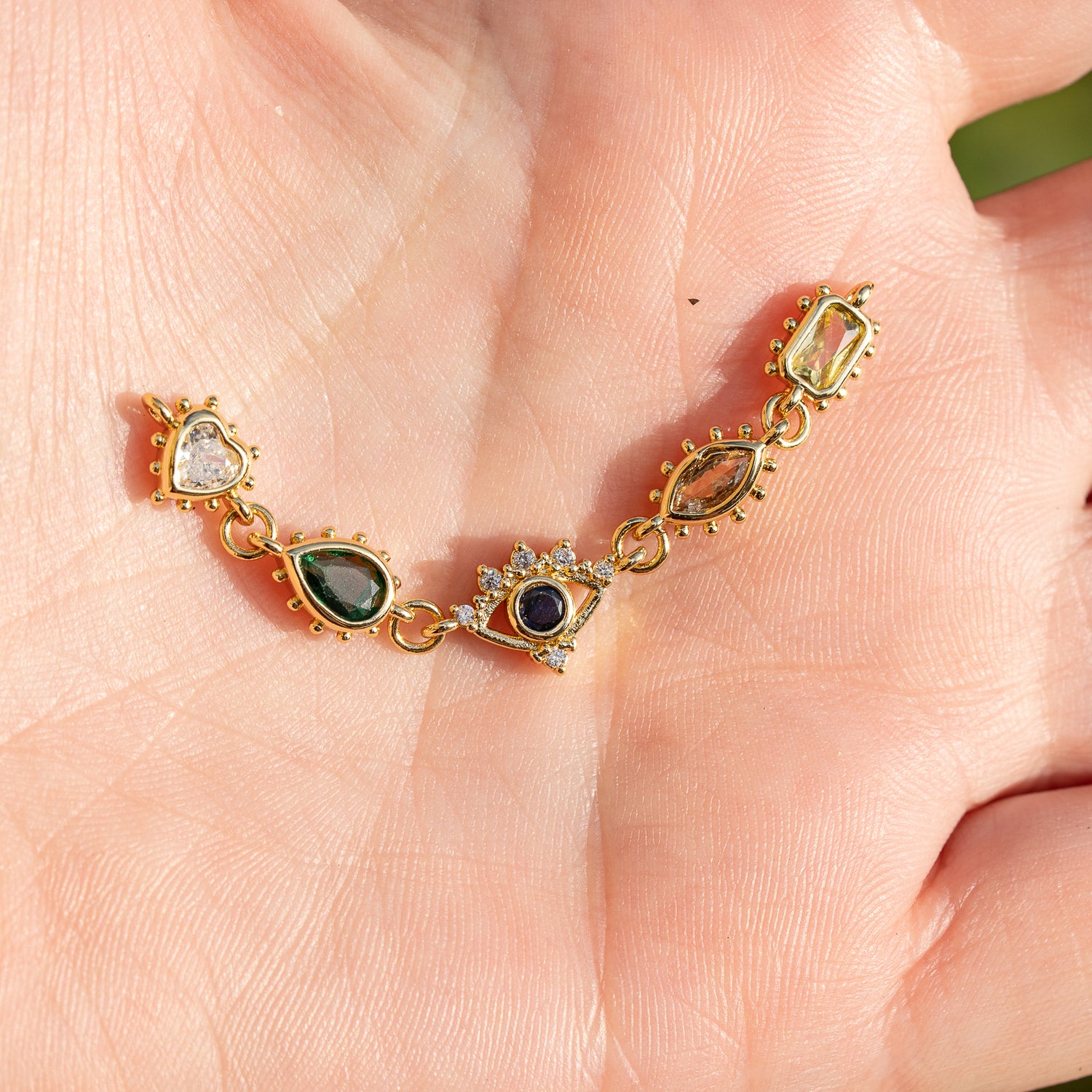 Breloque connecteur oeil/coeur/goutte en laiton plaqué or 18k et zirconium colorés de 58 mm ( à l&