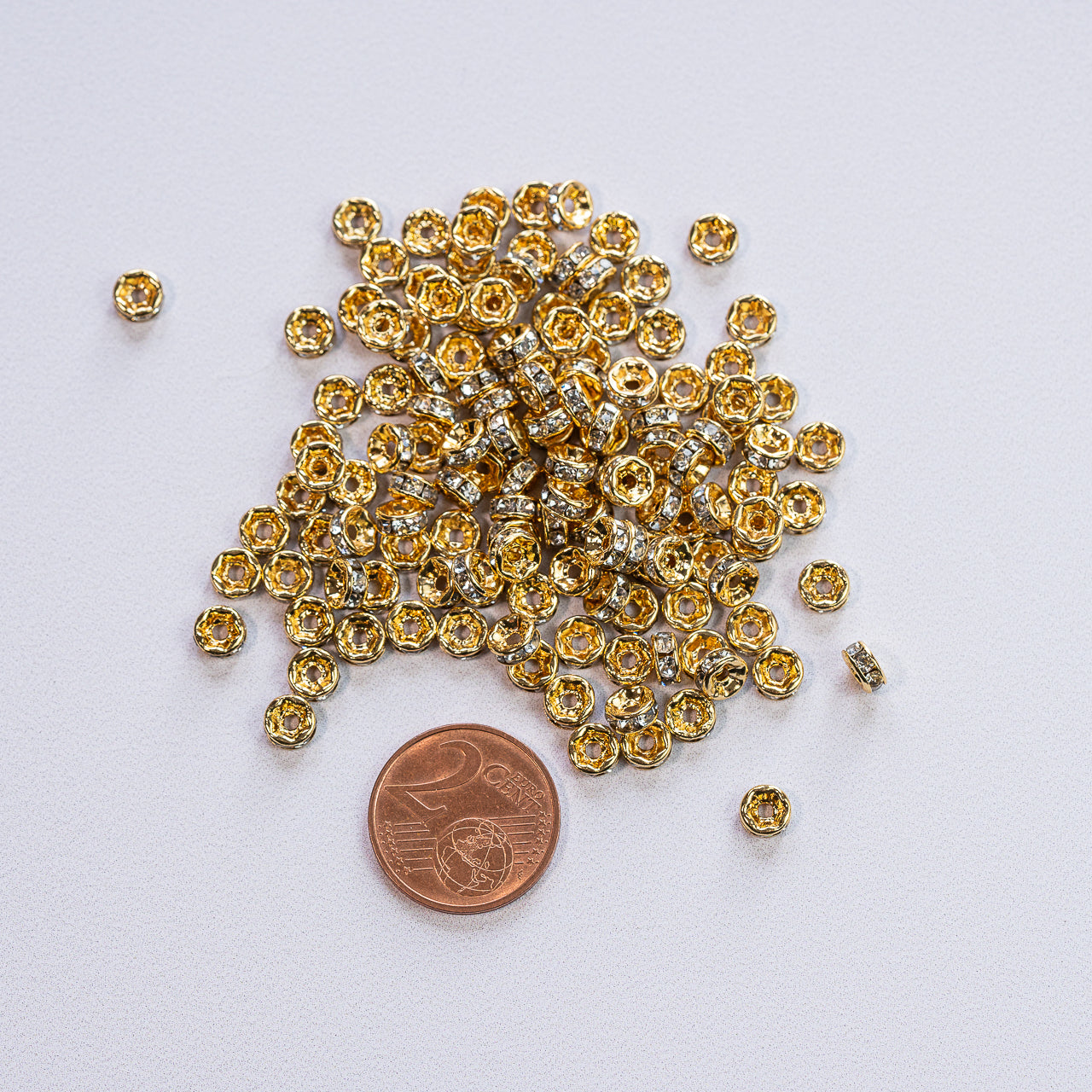 Perles rondelles en laiton plaqué or 14k et zirconium transparent de 5 x 2,5 mm ( lot de 4 )