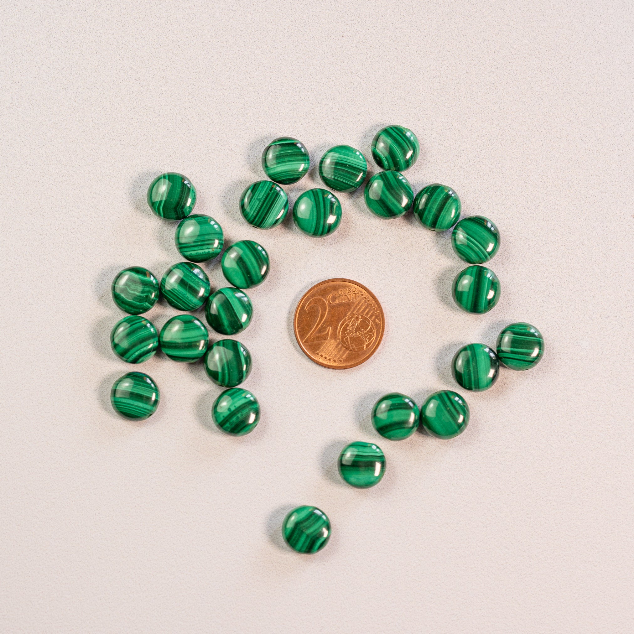 Perles rondes plates de Malachite de 10 x 4 mm ( lot de 2 )