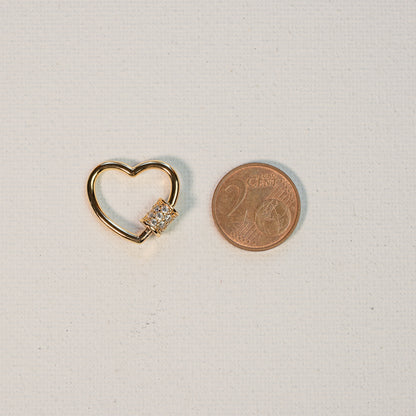 Fermoir mousqueton à vis coeur en laiton plaqué or 18k et zirconium de 20 mm ( à l&