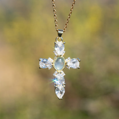 Breloques croix en Aigue-marine, laiton plaqué or 18k et zirconium de 39 mm ( à l&