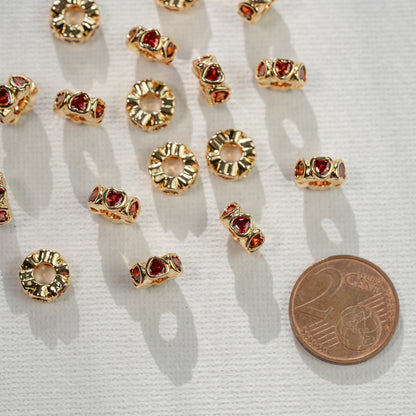 Perles rondelles en laiton plaqué or 18k et ♡ zirconium orange de 8 x 3,5 mm ( à l&