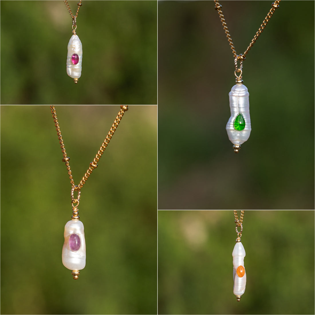 Pendentifs en perles allongées Keshi, cabochons pierres au choix et laiton plaqué or de env 30/40 mm ( à l&