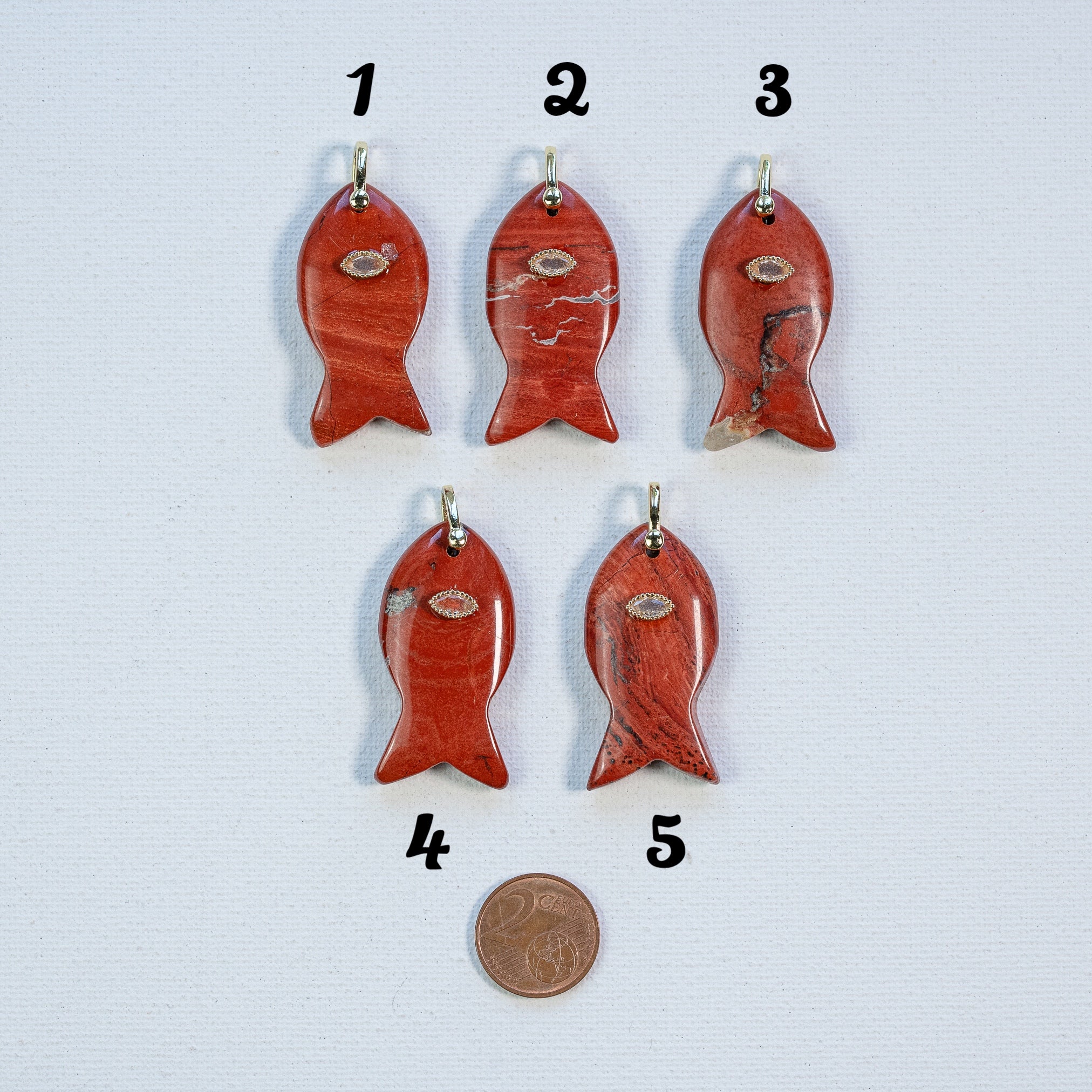 Pendentif poissons en Jaspe rouge, laiton et zirconium rose de 45 mm ( à l&